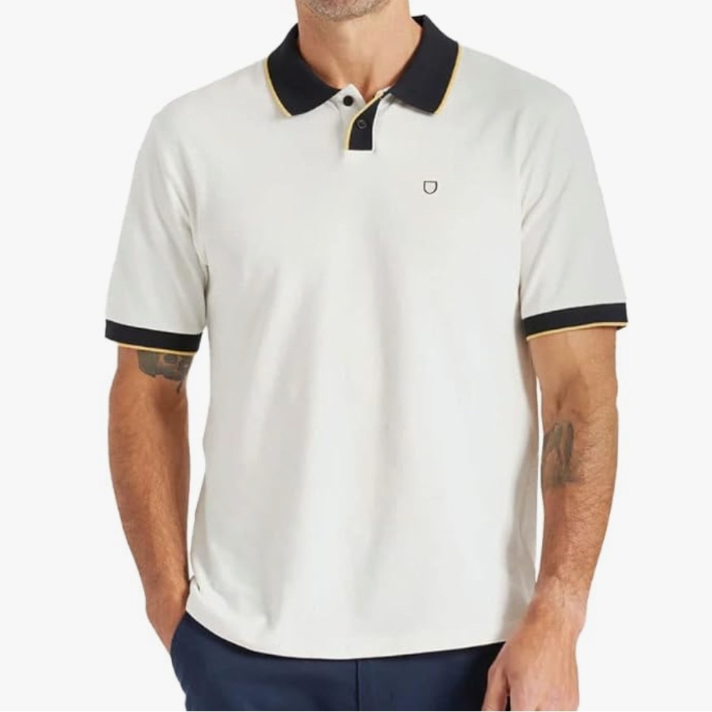 Brixton Men ‘s Off White Polo Shirt with Black and Gold Trim